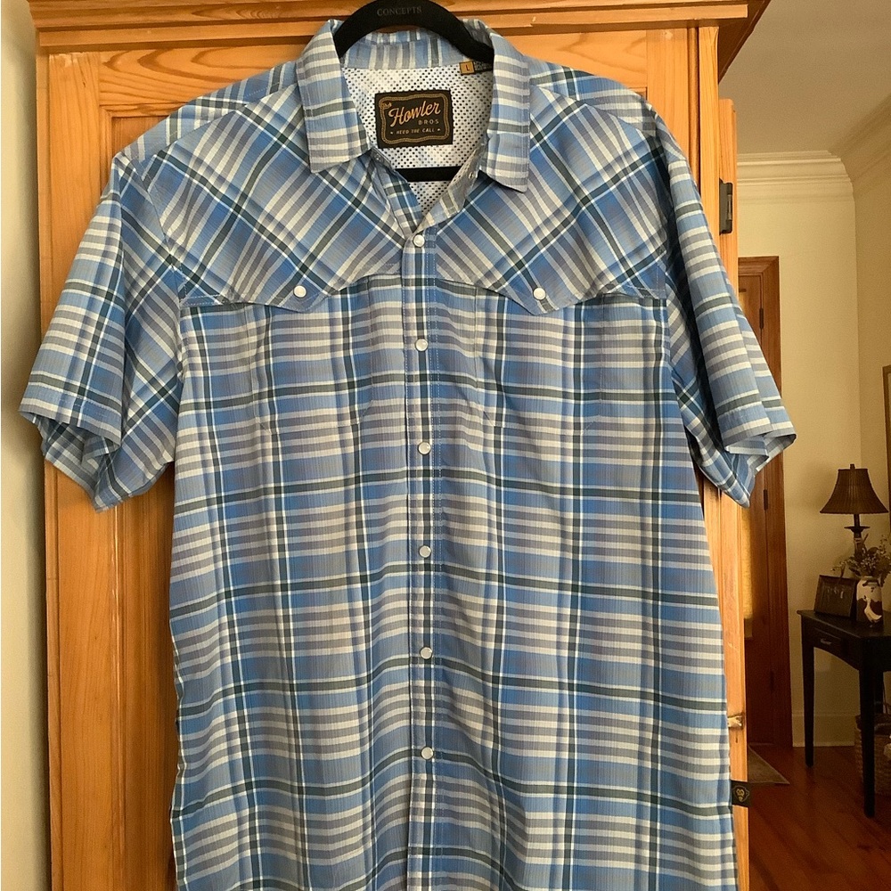 Howler Brothers Blue and White Plaid Pearl Snap Shirt
